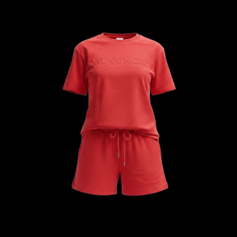 Muvonche Red Embossed Logo T-Shirt and Shorts Two-Piece Set Small NWT